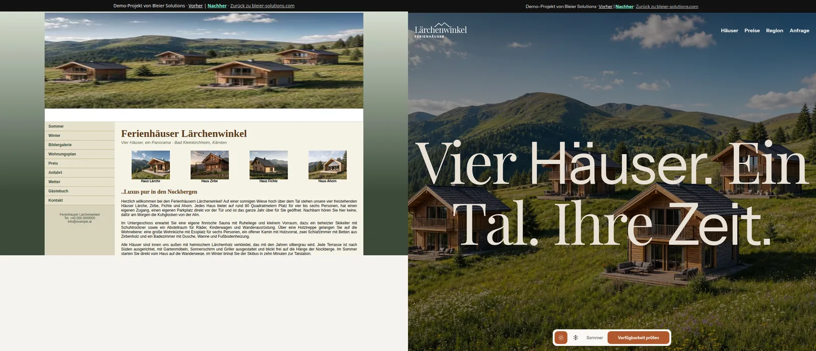 Die Neufassung: ein Foto der vier Häuser über dem Tal, darüber die Zeile Vier Häuser. Ein Tal. Ihre Zeit., unten die Sommer- und Winterumschaltung und der Verfügbarkeits-Check.