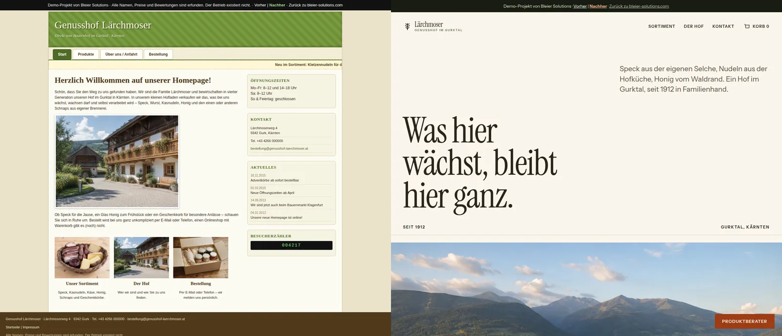 Die Neufassung: eine große Serifenzeile über einem Bergfoto, Navigation nach Sortiment, Der Hof und Kontakt, ein Warenkorb rechts oben und ein Knopf zum Produktberater.