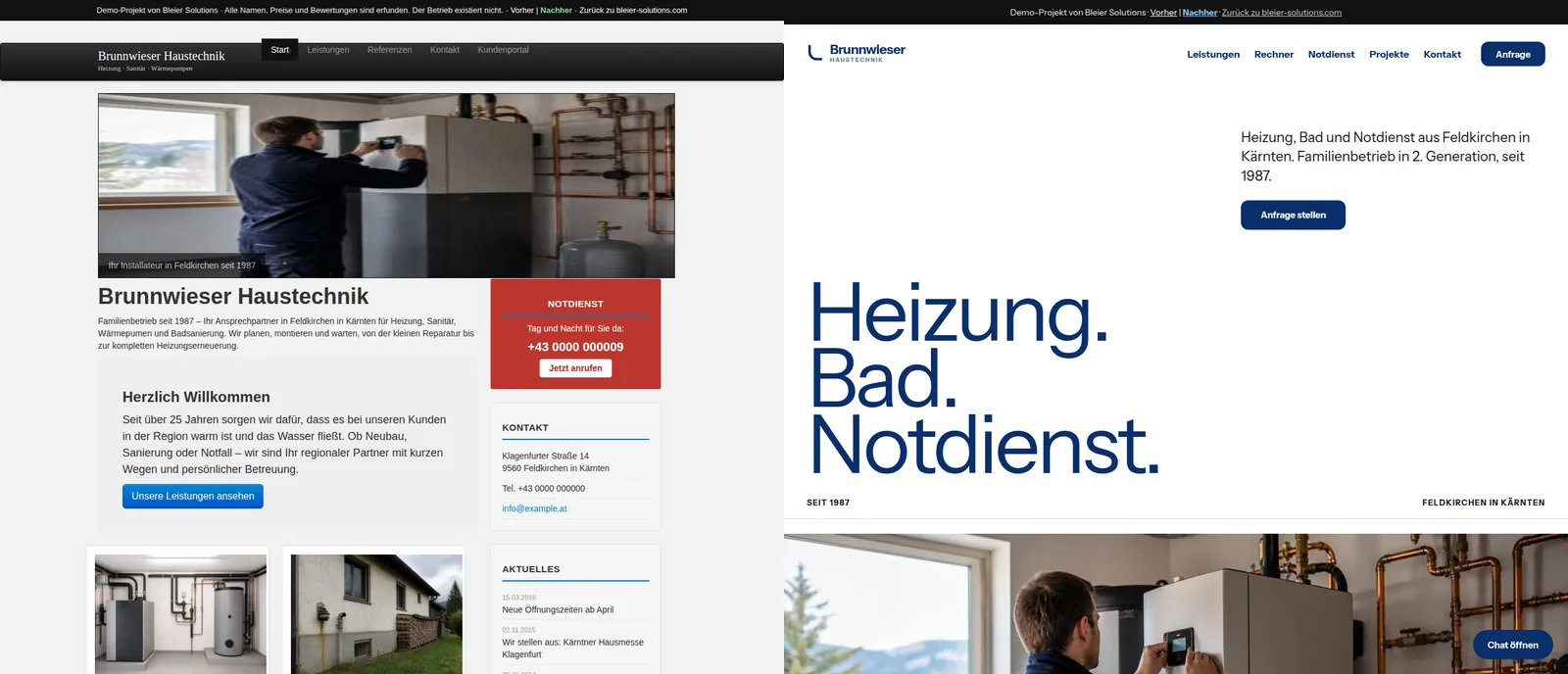 Die Neufassung: der Betriebsname als Wortmarke, Leistungen, Rechner und Notdienst in der Kopfzeile, dahinter die dreizeilige Überschrift Heizung. Bad. Notdienst. und ein Knopf zum Chat.